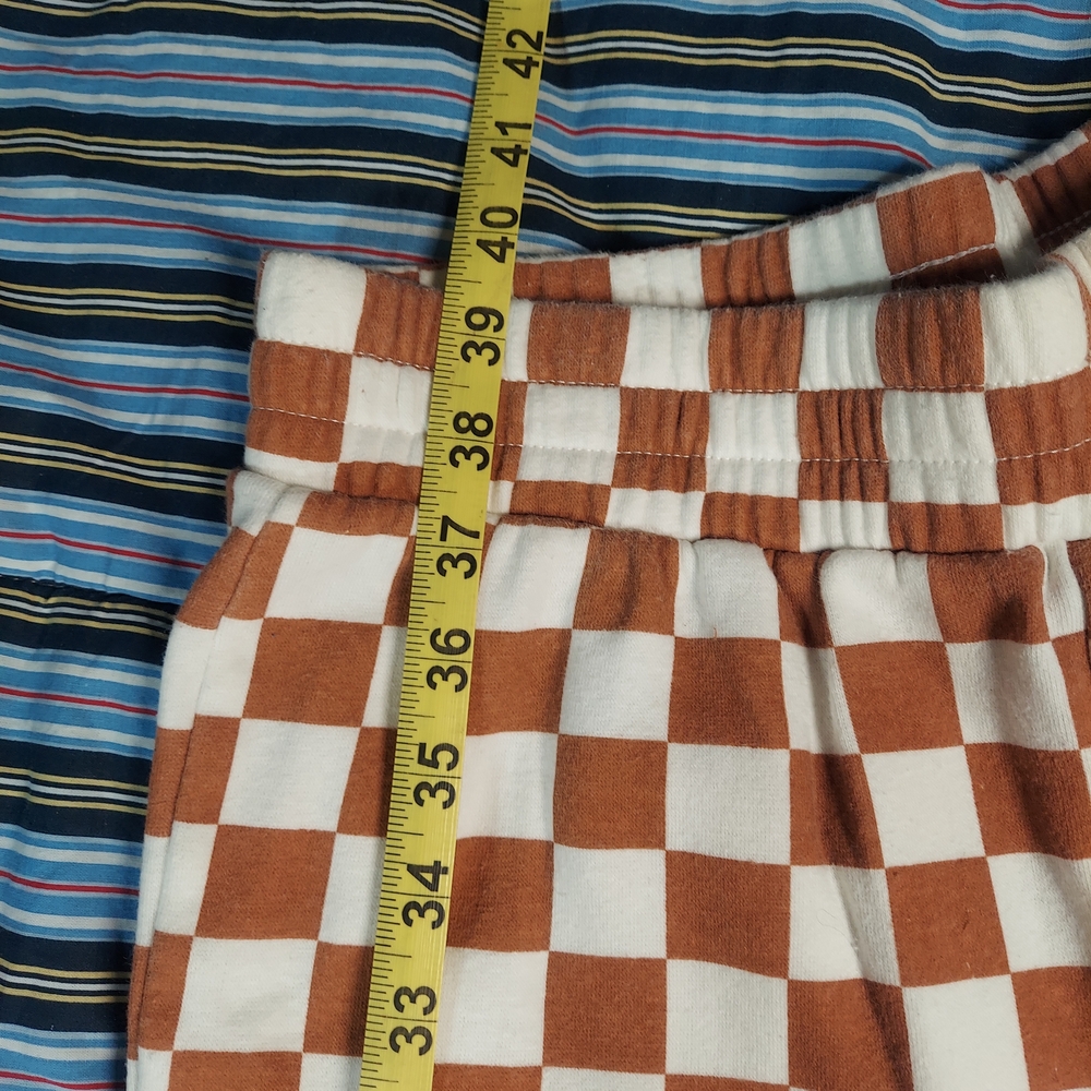Grayson Threads Checkered Flare Lounge Pants Brown White Small Raw Hem High Rise - Picture 7 of 10